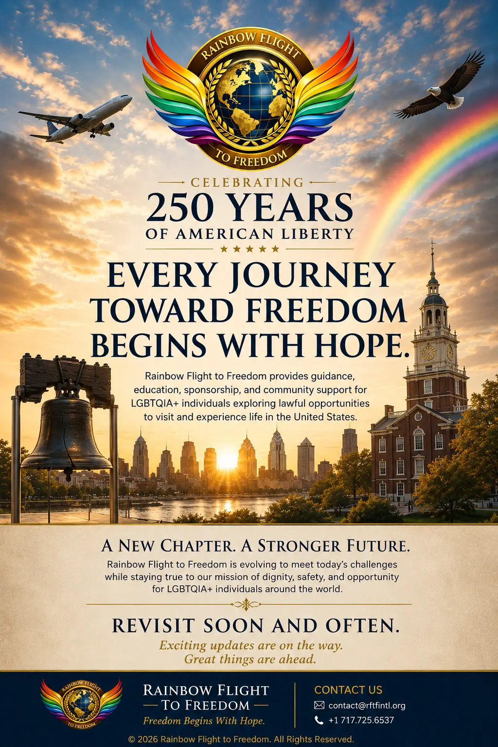Rainbow Flight to Freedom temporary home page celebrating 250 years of American liberty and the journey toward freedom.